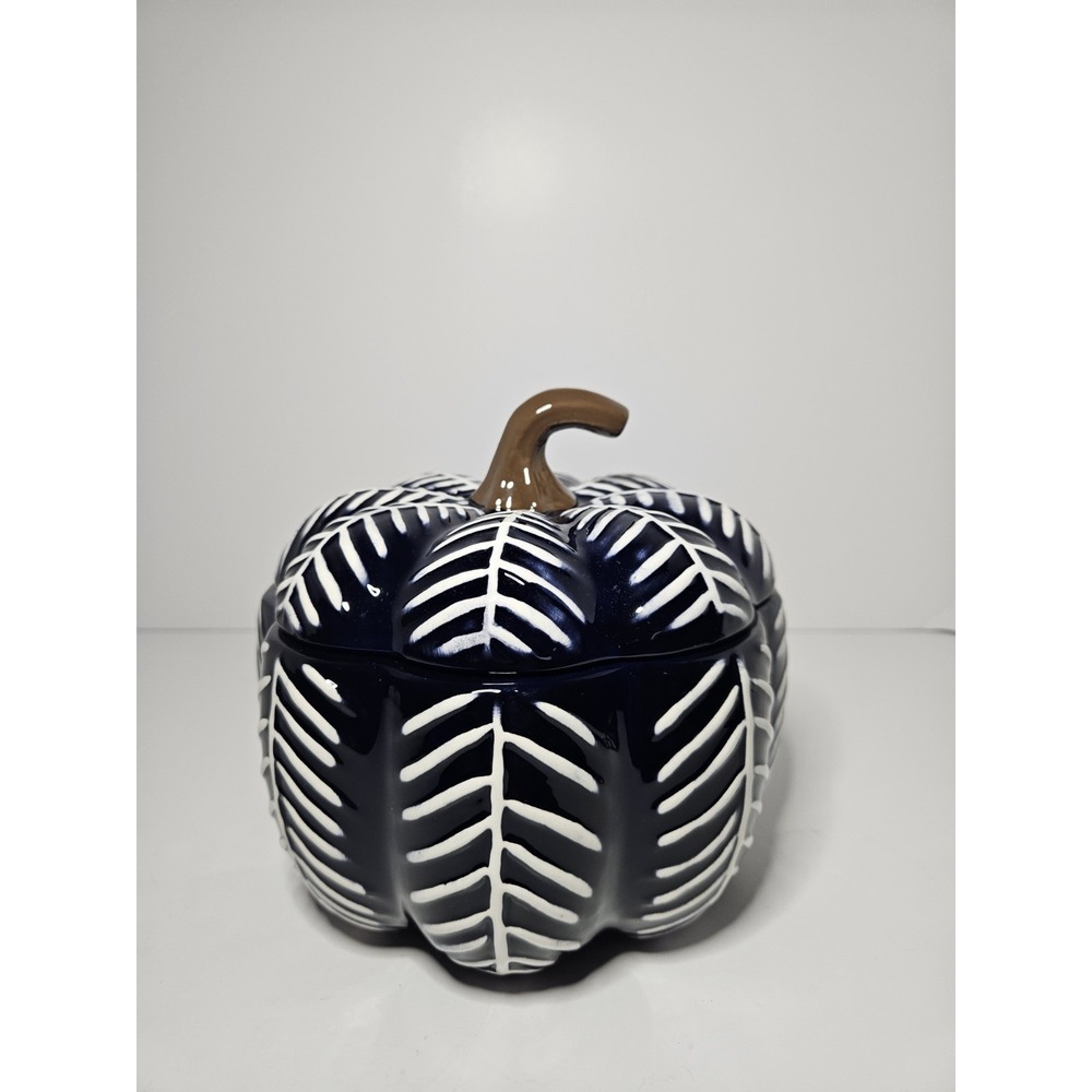 Blue White Ceramic Pumpkin Lidded Candy Dish Jar Thanksgiving Fall Decor 7in